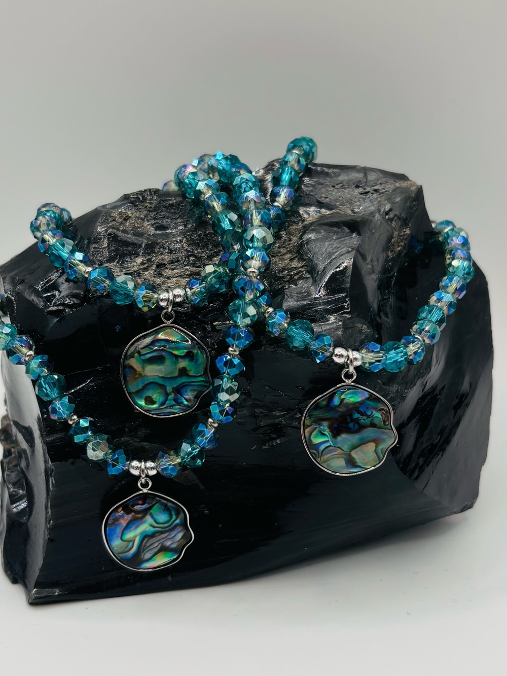 *ANKLET* S.Steel Abalone & AB Teal Blue Green Crystal Stretchy Anklet